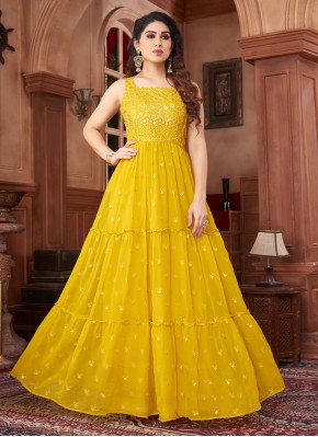 Faux Georgette Mustard Embroidered Readymade Trendy Gown