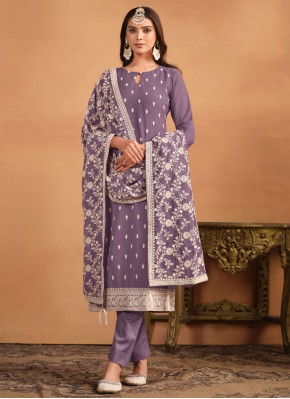 Faux Georgette Purple Embroidered Trendy Salwar Suit