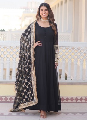 Faux Georgette Readymade Gown in Black