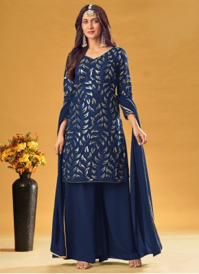 Faux Georgette Readymade Salwar Suit in Navy Blue
