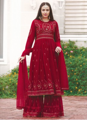Faux Georgette Red Embroidered Designer Pakistani Suit