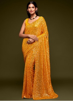Faux Georgette Sequins Trendy Saree in Yellow