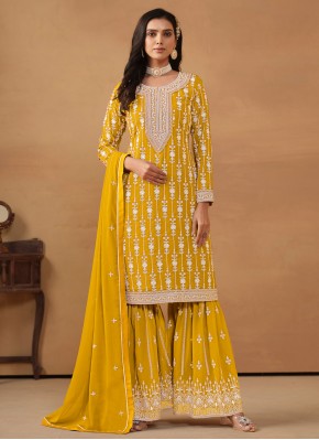 Faux Georgette Yellow Trendy Salwar Suit