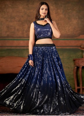 Fetching Navy Blue Embroidered Pure Georgette A Line Lehenga Choli