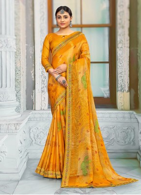Fetching Printed Yellow Brasso Contemporary Saree