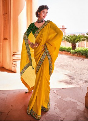Flamboyant Mustard Embroidered Vichitra Silk Designer Saree