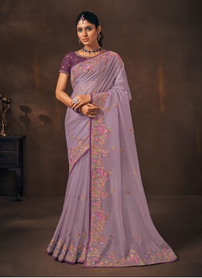 Flawless Organza Purple Embroidered Trendy Saree