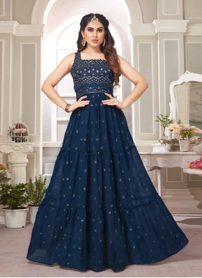 Floor Length Trendy Gown Embroidered Faux Georgette in Blue