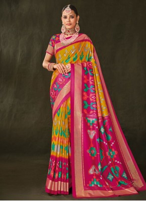 Floral Foil Print Pink and Yellow Trendy Saree