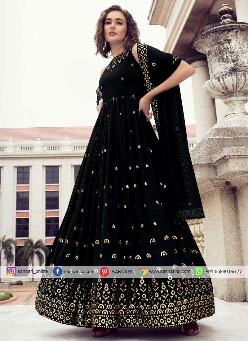 Floral Georgette Black Sequins Trendy Gown