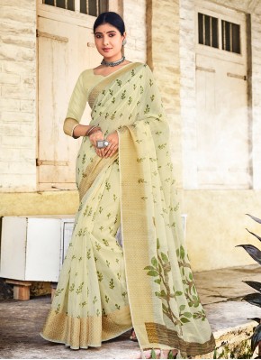Floral Print Linen Traditional Saree in Green