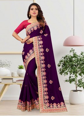 Floral Purple Embroidered Satin Silk Classic Saree