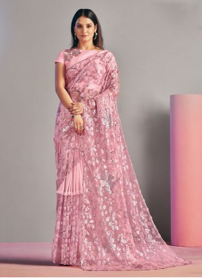Floral Sequins Pink Designer Contemporary Saree