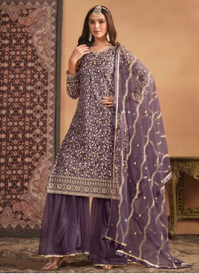 Floral Sequins Purple Net Salwar Suit