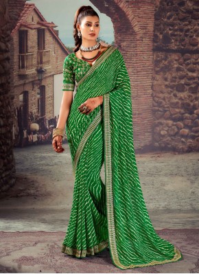 Georgette Embroidered Green Saree