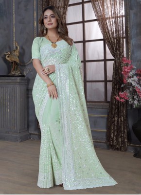 Georgette Embroidered Trendy Saree in Sea Green