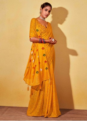 Georgette Foil Print Saree in Yellow