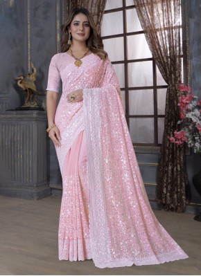 Georgette Pink Embroidered Trendy Saree