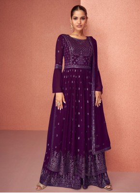Georgette Purple Embroidered Readymade Salwar Kameez