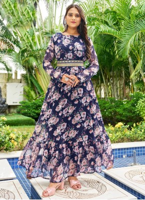Georgette Readymade Gown in Navy Blue