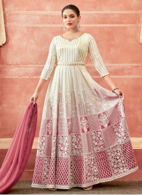 Georgette Resham Off White and Pink Gown 