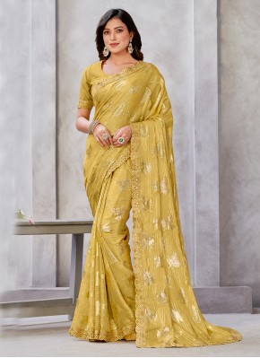 Georgette Yellow Woven Trendy Saree