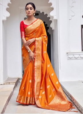 Gilded Orange Weaving Silk Traditional Designer Saree