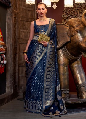 Girlish Weaving Satin Silk Blue Trendy Saree