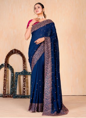 Glamorous Navy Blue Embroidered Vichitra Silk Classic Saree