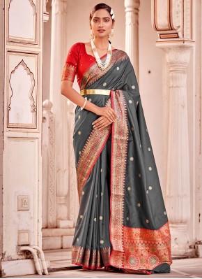 Gleaming Banarasi Silk Grey Classic Saree