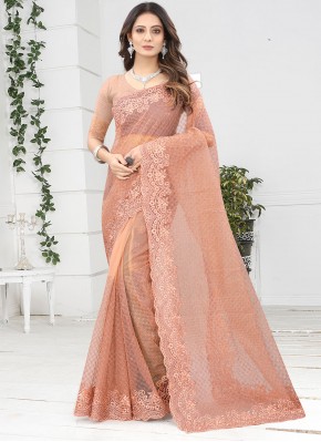 Gleaming Peach Embroidered Net Classic Saree