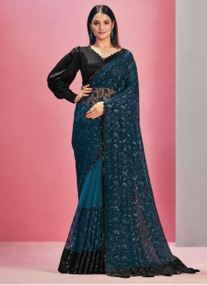 Glossy Net Teal Contemporary Style Saree