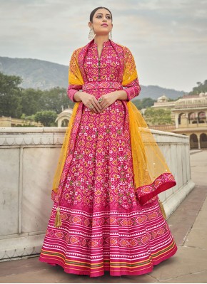Glowing Pink Patola Print Silk Trendy Gown