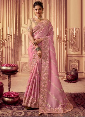 Glowing Rose Pink Embroidered Georgette Trendy Saree