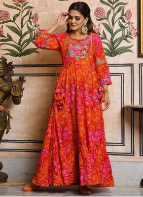Gown  Embroidered Cotton in Orange and Red