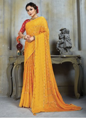 Graceful Embroidered Yellow Chiffon Contemporary Saree