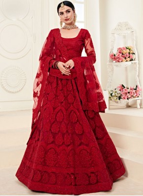 Grandiose Satin Silk Red Embroidered Designer A Line Lehenga Choli