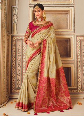 Gratifying Lace Fancy Fabric Cream and Pink Designer Saree