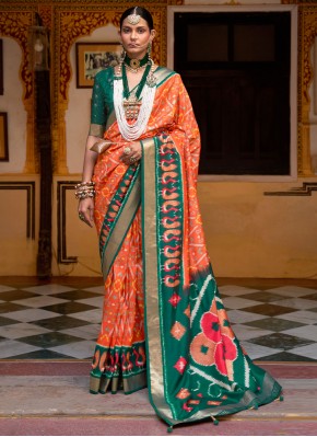 Green and Orange Weaving Patola Silk  Contemporary Saree