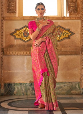 Green and Pink Banarasi Silk Weaving Trendy Saree