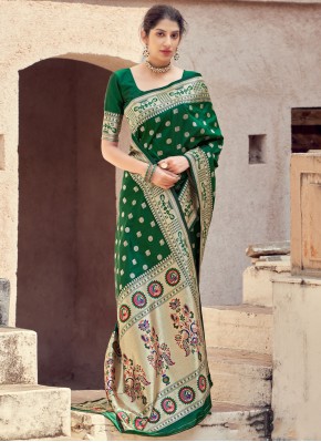 Green Banarasi Silk Festival Traditional Designer Saree