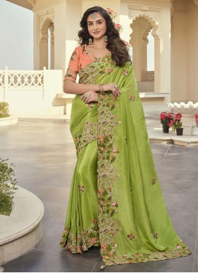 Green Embroidered Fancy Fabric Contemporary Saree