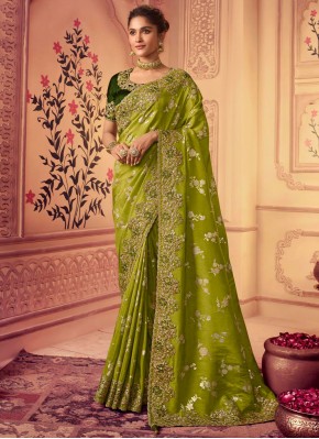 Green Embroidered Festival Classic Saree