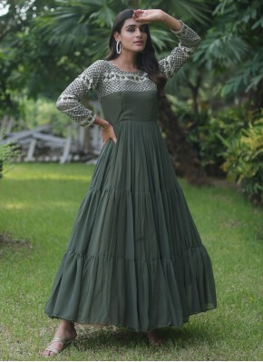 Green Festival Faux Georgette Readymade Gown