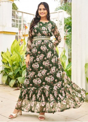 Green Printed Party Gown 