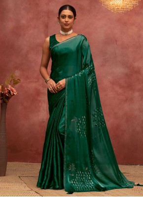 Green Satin Silk Designer Saree