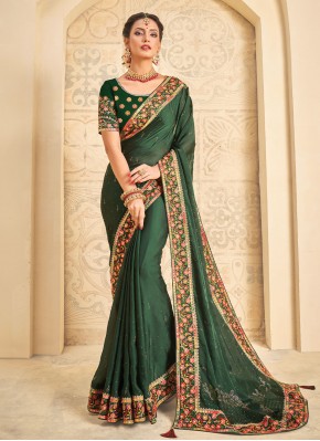 Green Satin Silk Swarovski Trendy Saree