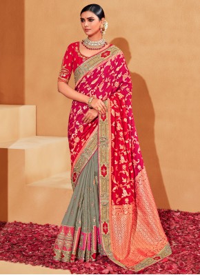 Grey and Hot Pink Weaving Saree