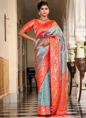 Grey and Orange Banarasi Silk Jacquard Work Trendy Saree