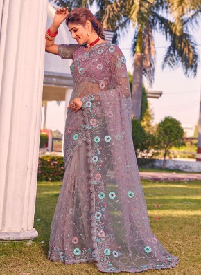 Grey Embroidered Net Classic Saree